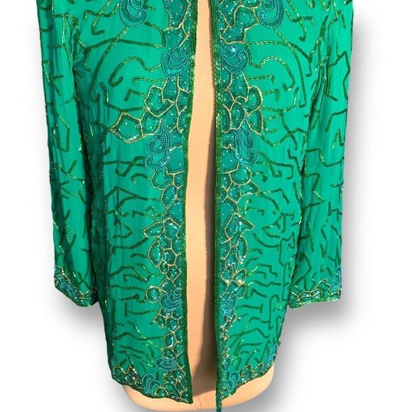 Vintage Razzle Dazzle Green Silk Metallic Beaded Open Front Evening Jacket - Picture 4 of 9